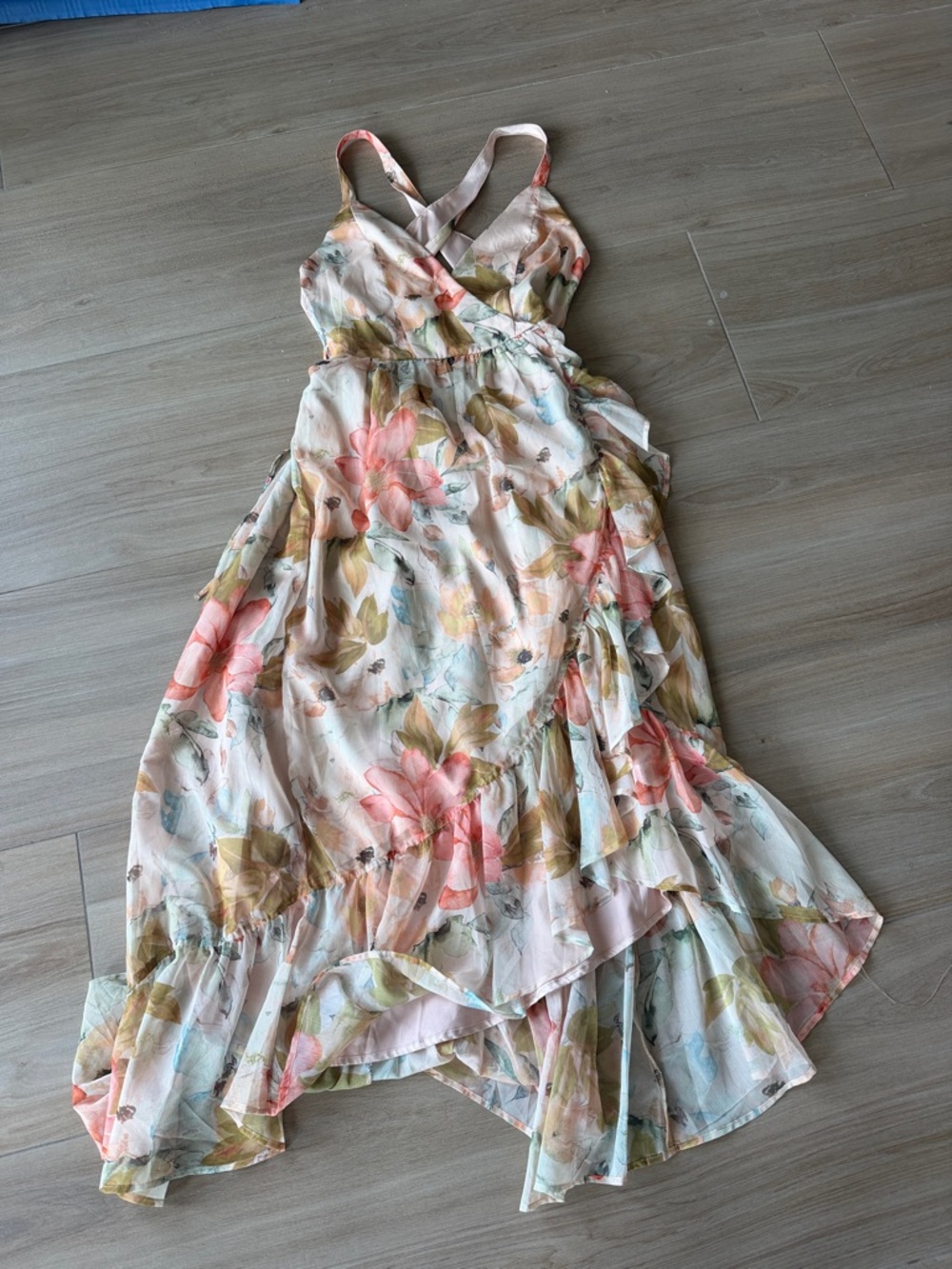 Floral Crisscross High-Low Dress in Pink & Cream